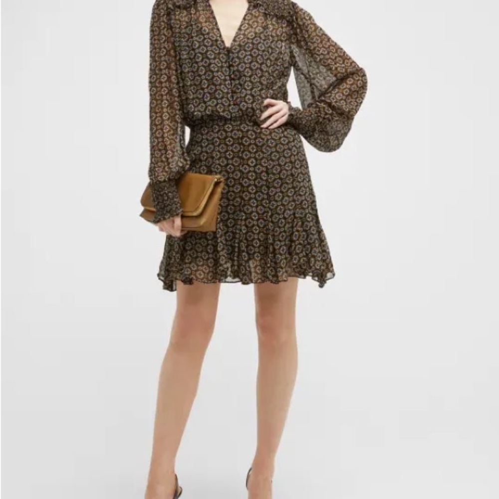 Veronica Beard Black Mini Sundress with Ruched Tie Front and Long Bishop Sleeves